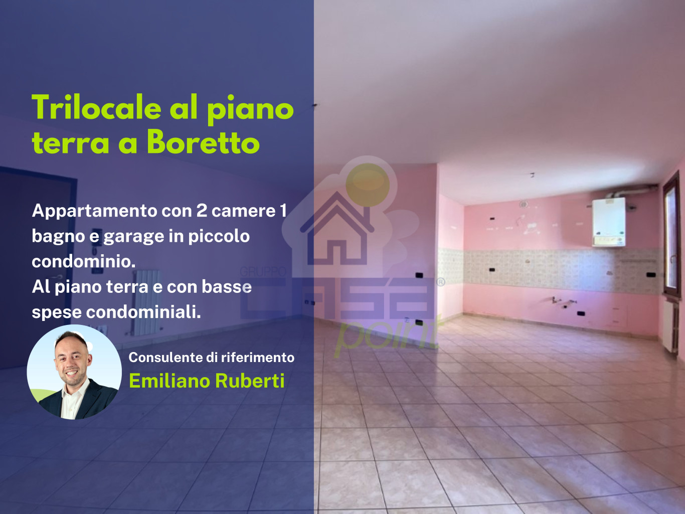 Trilocale al piano terra con garage, basse spese e pronto da abitare